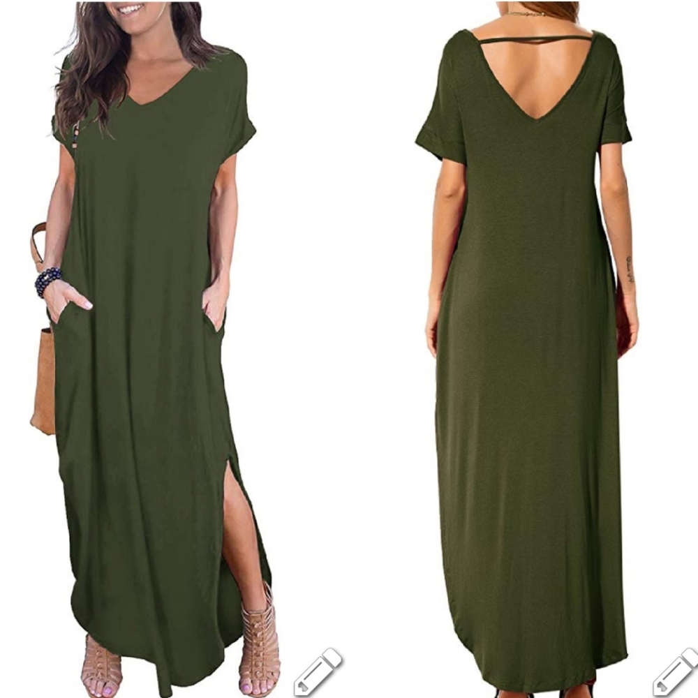 Olive Green Casual V-Neck Maxi